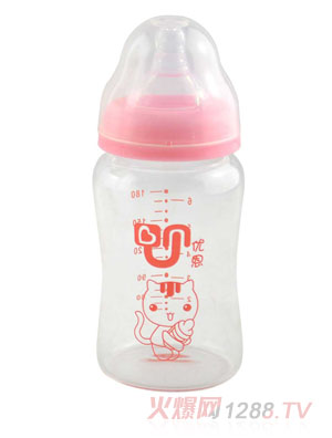 優恩粉色寬口晶鉆直身玻璃奶瓶180ml