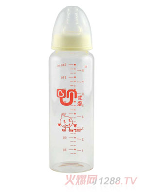 優恩黃色標口晶鉆直身玻璃奶瓶240ml