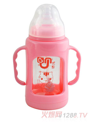 優恩粉色寬口防摔防爆玻璃奶瓶180ml