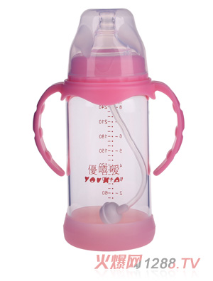 優嘻噯晶鉆防摔玻璃奶瓶260ml粉色