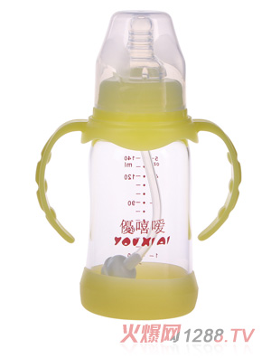 優嘻噯晶鉆防摔玻璃奶瓶140ml黃色