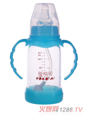 優嘻噯晶鉆防摔玻璃奶瓶140ml藍色